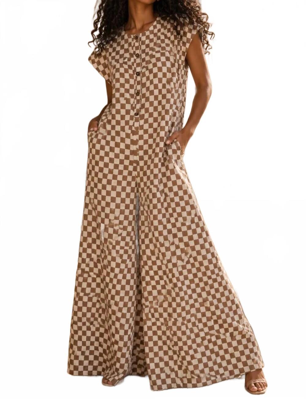 NEW SURELYMINE monaco check wide leg jumpsuit in beige
